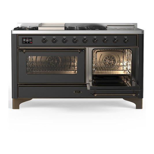 ILVE Majestic III 60" Graphite Matte Dual Fuel Range with 7 Burners, Griddle and French Top Triple Glass Door Natural Gas