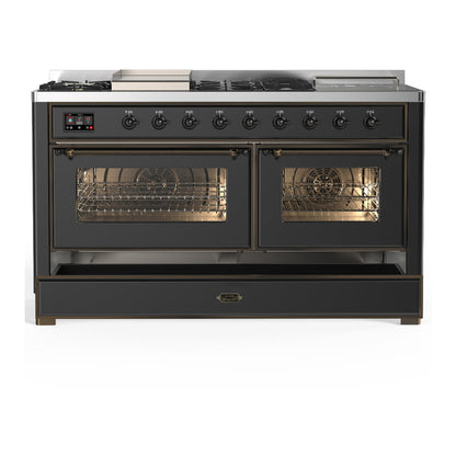 ILVE Majestic III 60" Graphite Matte Dual Fuel Range with 7 Burners, Griddle and French Top Triple Glass Door Liquid Propane
