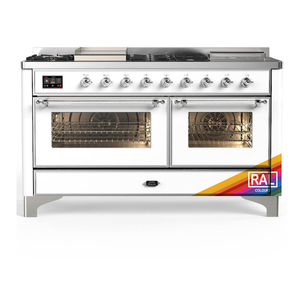 ILVE Majestic III 60" RAL Dual Fuel Range with 7 Burners, Griddle and French Top Triple Glass Door Liquid Propane