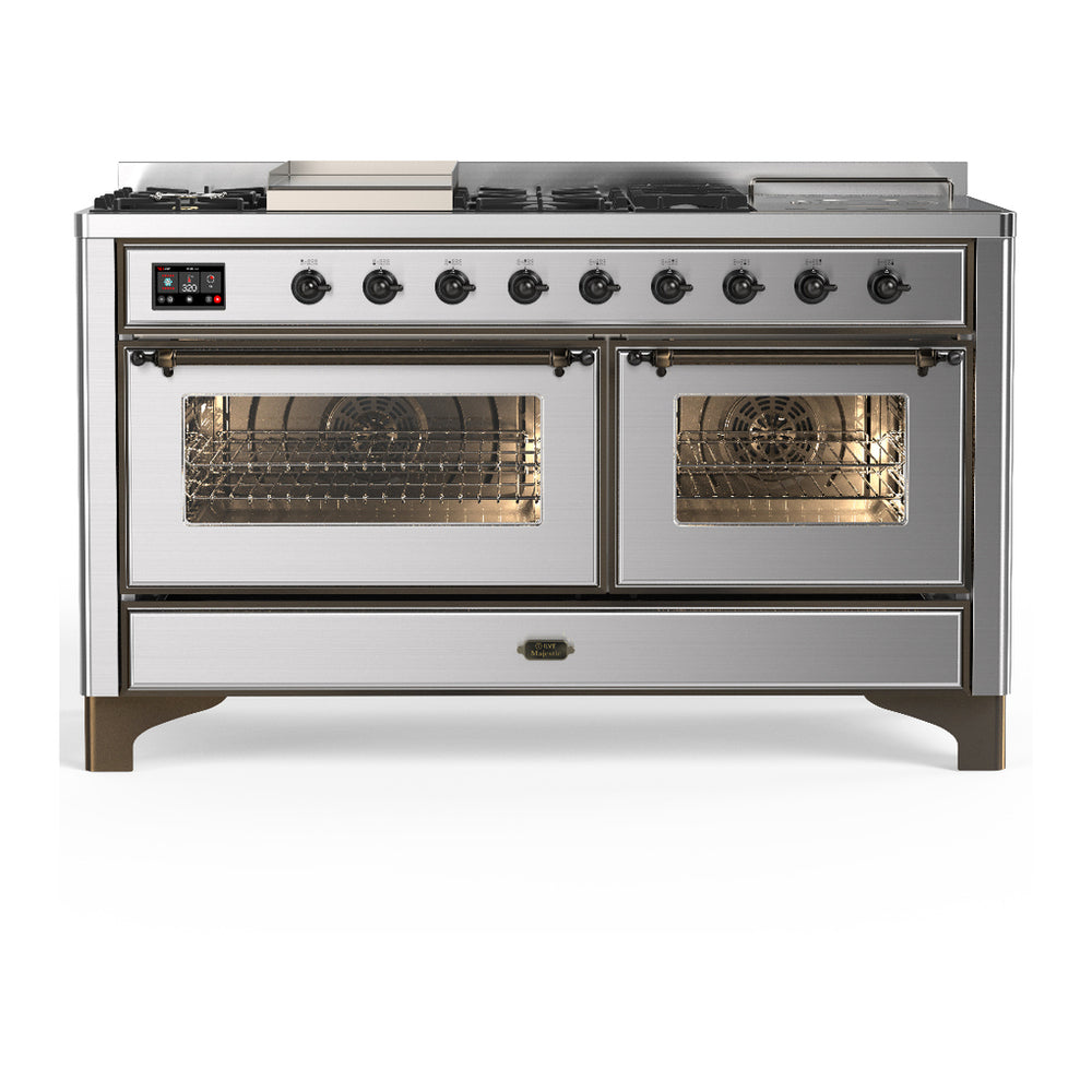 ILVE Majestic III 60" Stainless Steel Dual Fuel Range with 7 Burners, Griddle and French Top Triple Glass Door Natural Gas