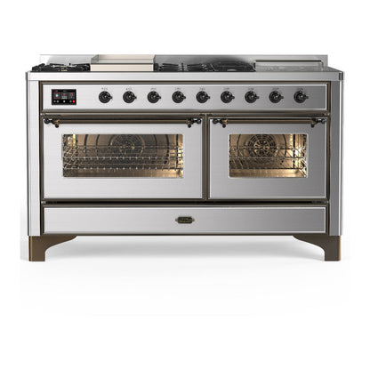 ILVE Majestic III 60" Stainless Steel Dual Fuel Range with 7 Burners, Griddle and French Top Triple Glass Door Natural Gas