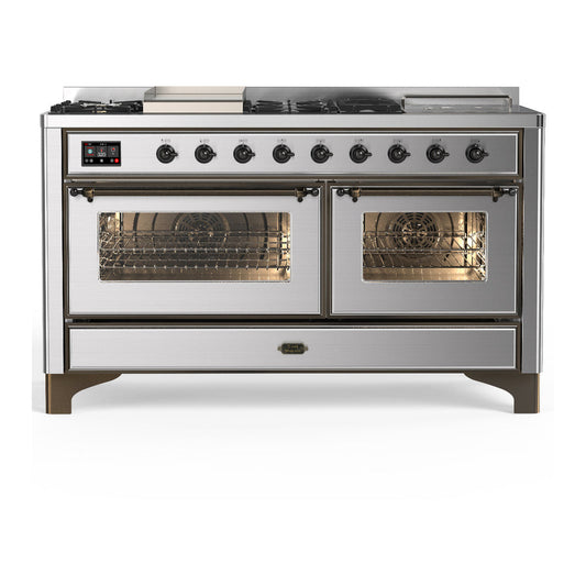 ILVE Majestic III 60" Stainless Steel Dual Fuel Range with 7 Burners, Griddle and French Top Triple Glass Door Natural Gas