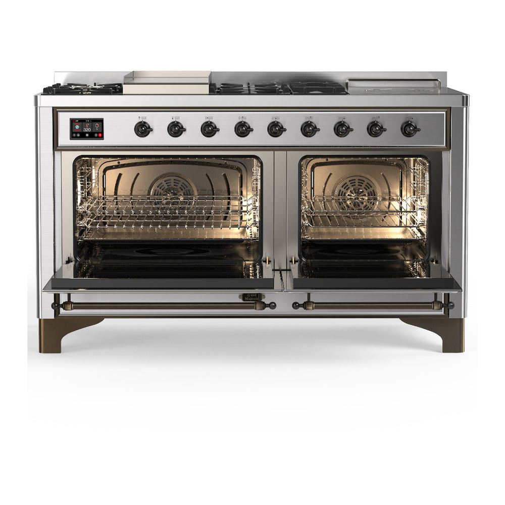 ILVE Majestic III 60" Stainless Steel Dual Fuel Range with 7 Burners, Griddle and French Top Triple Glass Door Natural Gas