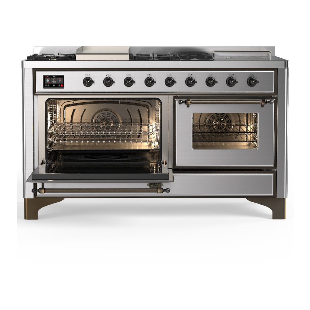 ILVE Majestic III 60" Stainless Steel Dual Fuel Range with 7 Burners, Griddle and French Top Triple Glass Door Natural Gas
