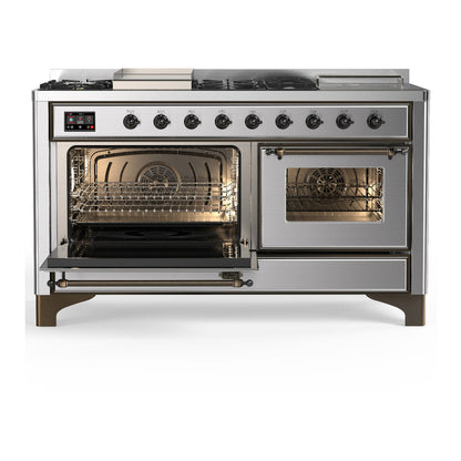 ILVE Majestic III 60" Stainless Steel Dual Fuel Range with 7 Burners, Griddle and French Top Triple Glass Door Natural Gas