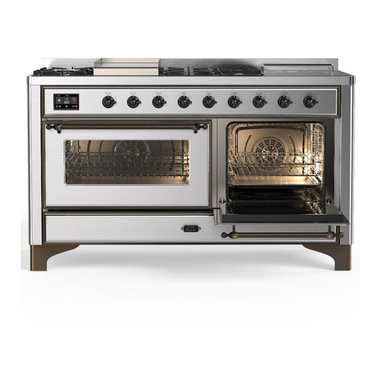ILVE Majestic III 60" Stainless Steel Dual Fuel Range with 7 Burners, Griddle and French Top Triple Glass Door Liquid Propane