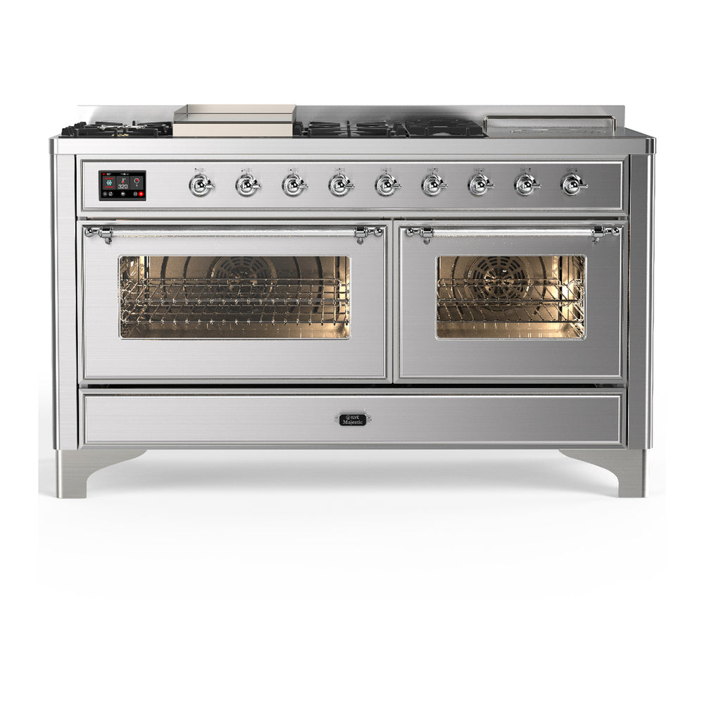 ILVE Majestic III 60" Stainless Steel Dual Fuel Range with 7 Burners, Griddle and French Top Triple Glass Door Liquid Propane
