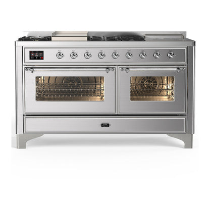 ILVE Majestic III 60" Stainless Steel Dual Fuel Range with 7 Burners, Griddle and French Top Triple Glass Door Natural Gas