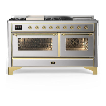 ILVE Majestic III 60" Stainless Steel Dual Fuel Range with 7 Burners, Griddle and French Top Triple Glass Door Liquid Propane