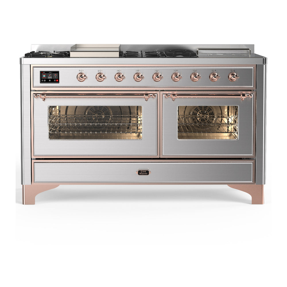 ILVE Majestic III 60" Stainless Steel Dual Fuel Range with 7 Burners, Griddle and French Top Triple Glass Door Liquid Propane