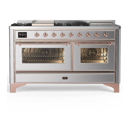 ILVE Majestic III 60" Stainless Steel Dual Fuel Range with 7 Burners, Griddle and French Top Triple Glass Door Natural Gas