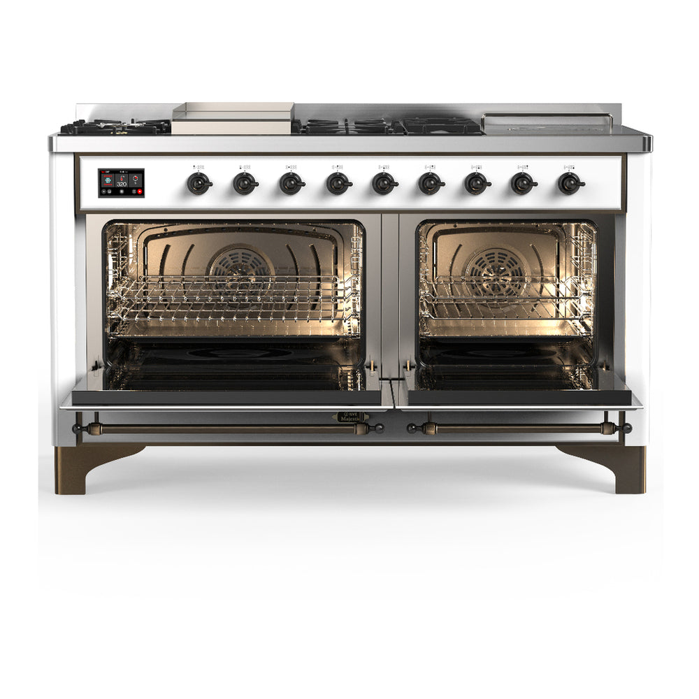 ILVE Majestic III 60" White Dual Fuel Range with 7 Burners, Griddle and French Top Triple Glass Door Natural Gas