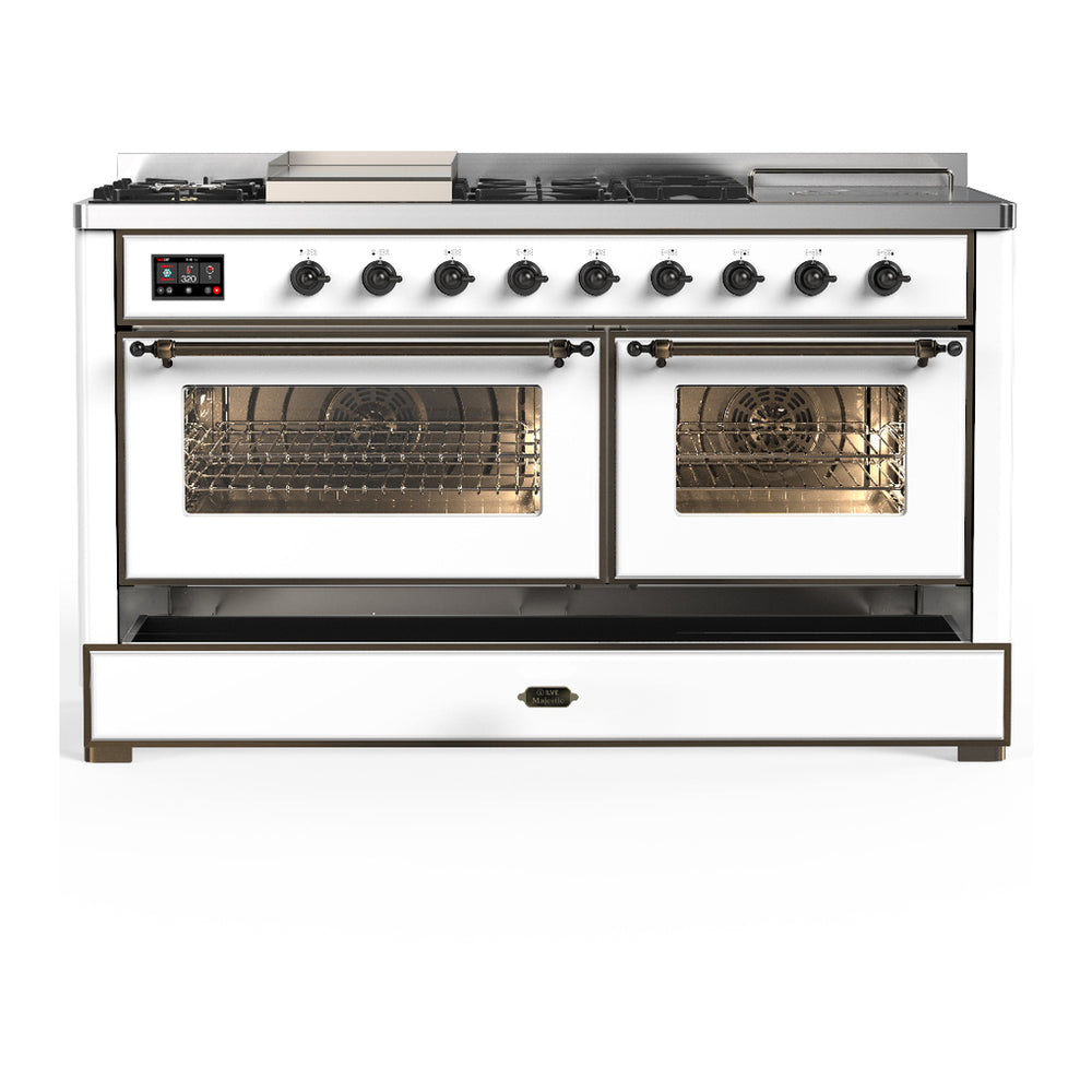 ILVE Majestic III 60" White Dual Fuel Range with 7 Burners, Griddle and French Top Triple Glass Door Natural Gas