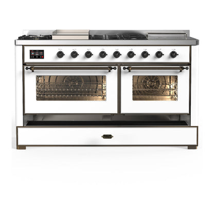 ILVE Majestic III 60" White Dual Fuel Range with 7 Burners, Griddle and French Top Triple Glass Door Natural Gas