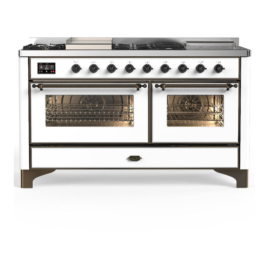 ILVE Majestic III 60" White Dual Fuel Range with 7 Burners, Griddle and French Top Triple Glass Door Natural Gas