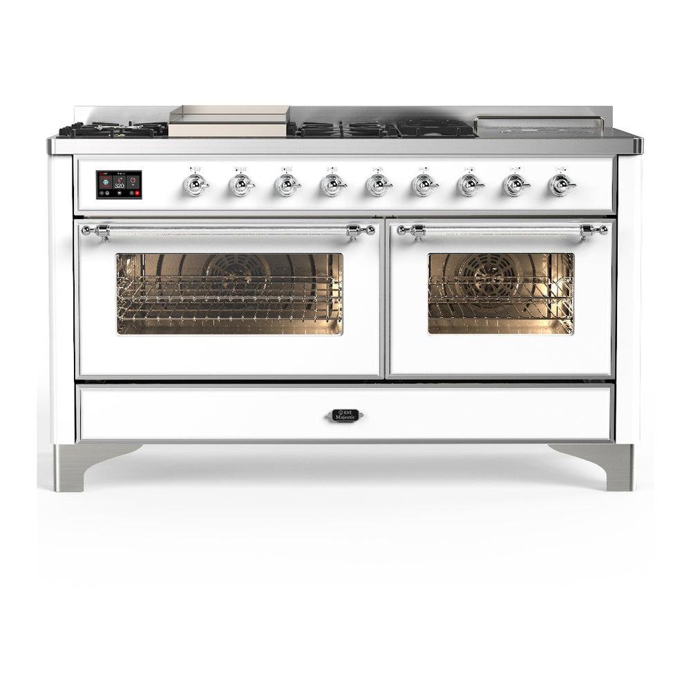 ILVE Majestic III 60" White Dual Fuel Range with 7 Burners, Griddle and French Top Triple Glass Door Natural Gas