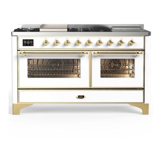ILVE Majestic III 60" White Dual Fuel Range with 7 Burners, Griddle and French Top Triple Glass Door Liquid Propane