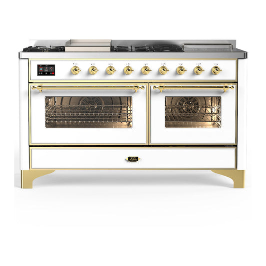 ILVE Majestic III 60" White Dual Fuel Range with 7 Burners, Griddle and French Top Triple Glass Door Liquid Propane