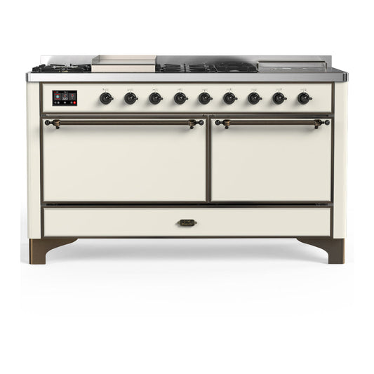 ILVE Majestic III 60" Antique White Dual Fuel Range with 7 Burners, Griddle and French Top Solid Door Natural Gas