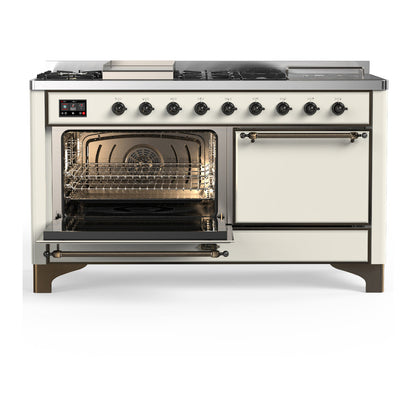 ILVE Majestic III 60" Antique White Dual Fuel Range with 7 Burners, Griddle and French Top Solid Door Natural Gas