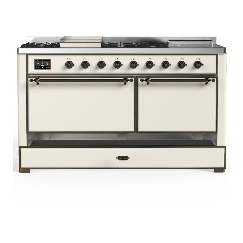 ILVE Majestic III 60" Antique White Dual Fuel Range with 7 Burners, Griddle and French Top Solid Door Natural Gas