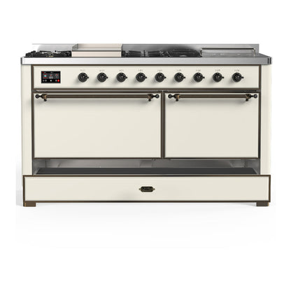 ILVE Majestic III 60" Antique White Dual Fuel Range with 7 Burners, Griddle and French Top Solid Door Natural Gas