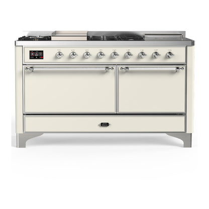 ILVE Majestic III 60" Antique White Dual Fuel Range with 7 Burners, Griddle and French Top Solid Door Natural Gas