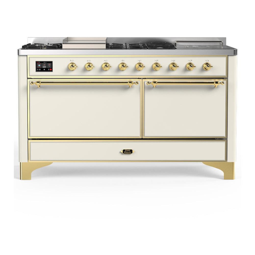 ILVE Majestic III 60" Antique White Dual Fuel Range with 7 Burners, Griddle and French Top Solid Door Liquid Propane