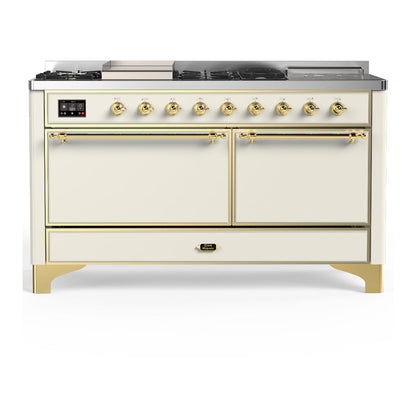 ILVE Majestic III 60" Antique White Dual Fuel Range with 7 Burners, Griddle and French Top Solid Door Natural Gas