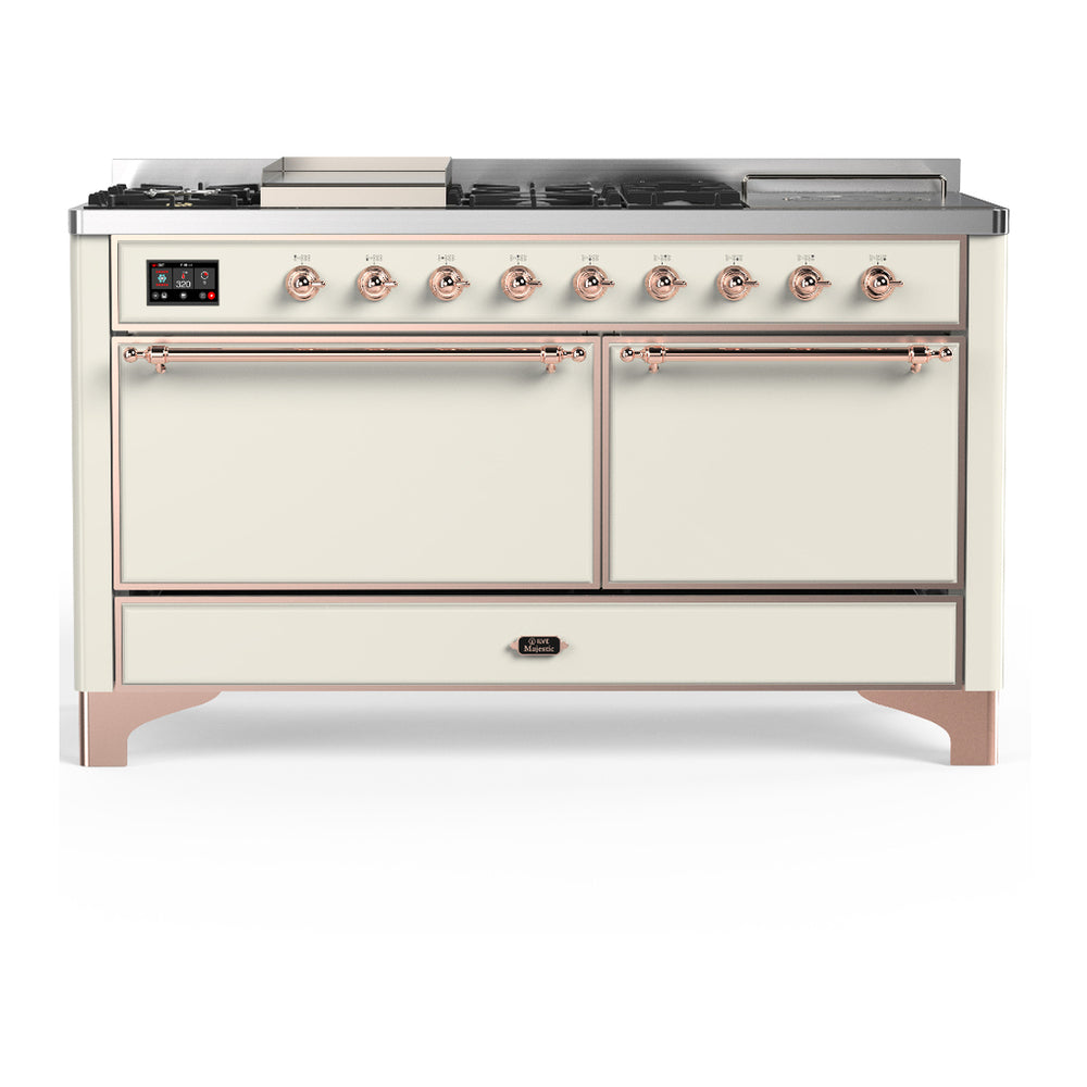 ILVE Majestic III 60" Antique White Dual Fuel Range with 7 Burners, Griddle and French Top Solid Door Liquid Propane