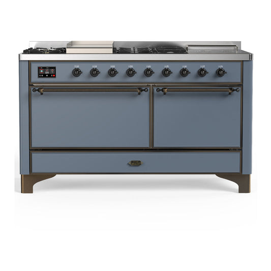 ILVE Majestic III 60" Blue Grey Dual Fuel Range with 7 Burners, Griddle and French Top Solid Door Liquid Propane