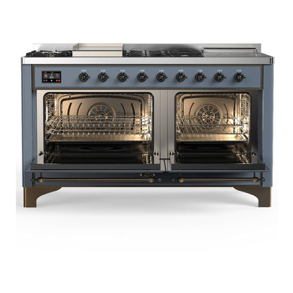 ILVE Majestic III 60" Blue Grey Dual Fuel Range with 7 Burners, Griddle and French Top Solid Door Liquid Propane