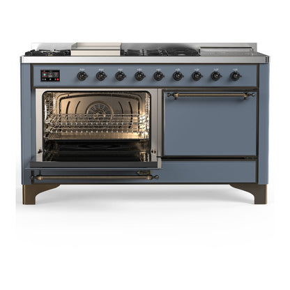 ILVE Majestic III 60" Blue Grey Dual Fuel Range with 7 Burners, Griddle and French Top Solid Door Liquid Propane
