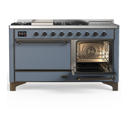 ILVE Majestic III 60" Blue Grey Dual Fuel Range with 7 Burners, Griddle and French Top Solid Door Liquid Propane