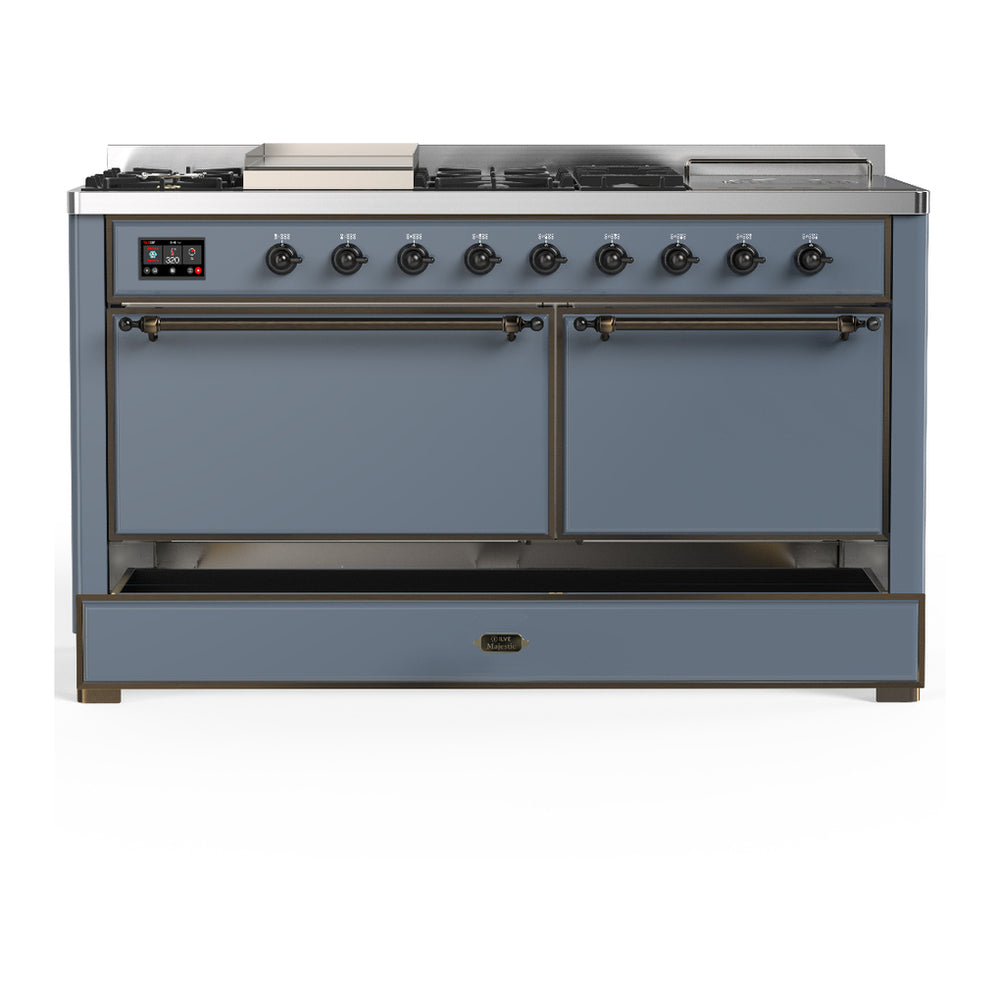ILVE Majestic III 60" Blue Grey Dual Fuel Range with 7 Burners, Griddle and French Top Solid Door Liquid Propane