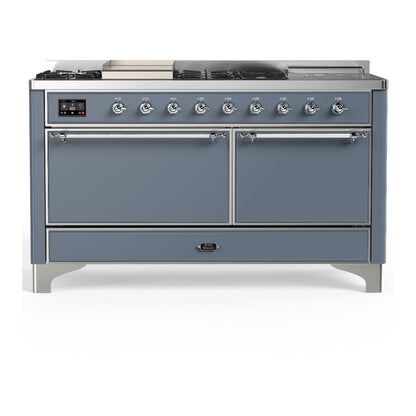 ILVE Majestic III 60" Blue Grey Dual Fuel Range with 7 Burners, Griddle and French Top Solid Door Liquid Propane
