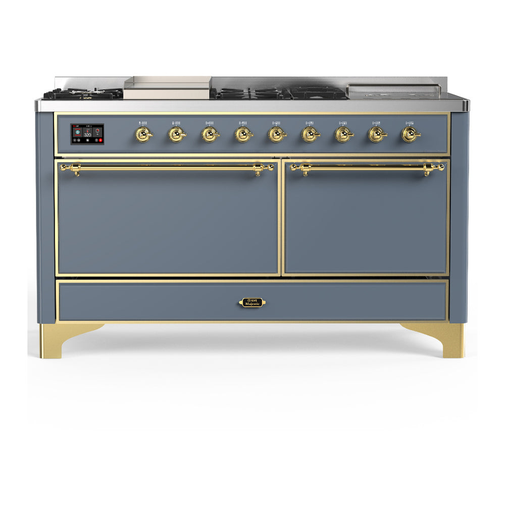 ILVE Majestic III 60" Blue Grey Dual Fuel Range with 7 Burners, Griddle and French Top Solid Door Liquid Propane