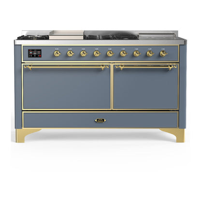 ILVE Majestic III 60" Blue Grey Dual Fuel Range with 7 Burners, Griddle and French Top Solid Door Natural Gas