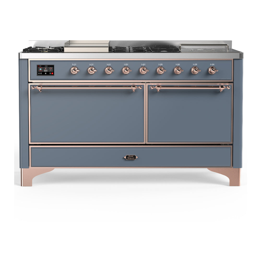 ILVE Majestic III 60" Blue Grey Dual Fuel Range with 7 Burners, Griddle and French Top Solid Door Liquid Propane