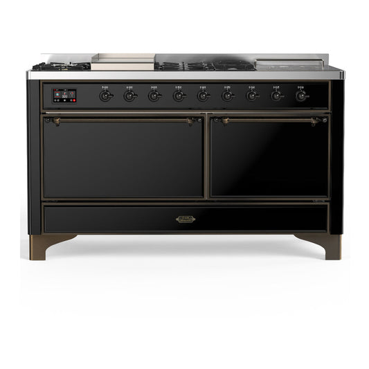 ILVE Majestic III 60" Glossy Black Dual Fuel Range with 7 Burners, Griddle and French Top Solid Door Liquid Propane