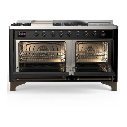 ILVE Majestic III 60" Glossy Black Dual Fuel Range with 7 Burners, Griddle and French Top Solid Door Liquid Propane