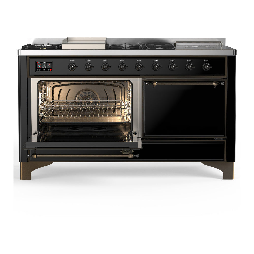 ILVE Majestic III 60" Glossy Black Dual Fuel Range with 7 Burners, Griddle and French Top Solid Door Liquid Propane