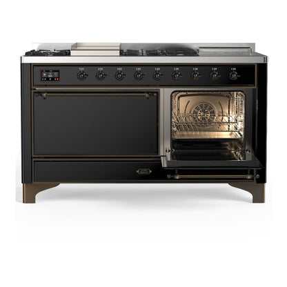 ILVE Majestic III 60" Glossy Black Dual Fuel Range with 7 Burners, Griddle and French Top Solid Door Liquid Propane