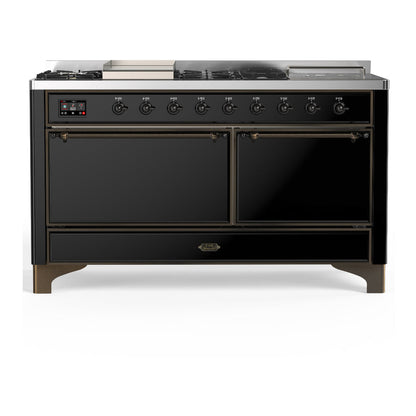 ILVE Majestic III 60" Glossy Black Dual Fuel Range with 7 Burners, Griddle and French Top Solid Door Natural Gas