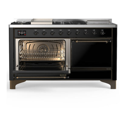 ILVE Majestic III 60" Glossy Black Dual Fuel Range with 7 Burners, Griddle and French Top Solid Door Natural Gas