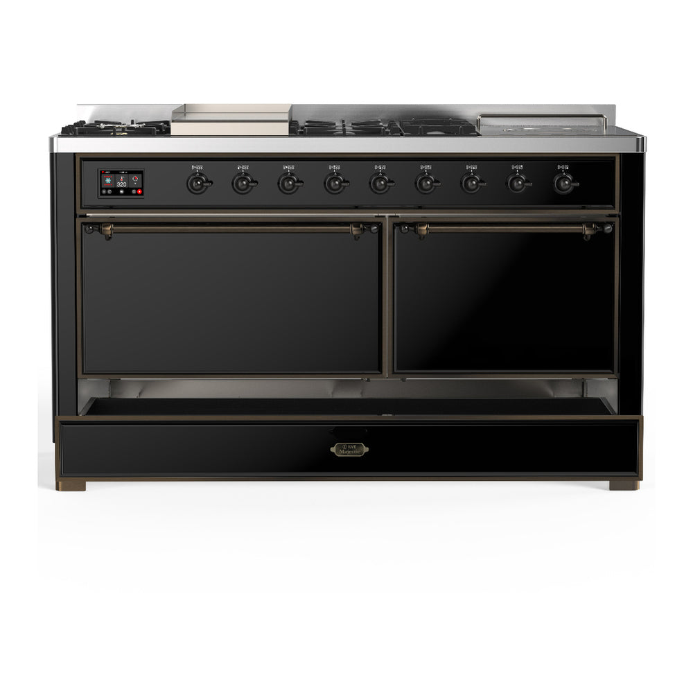 ILVE Majestic III 60" Glossy Black Dual Fuel Range with 7 Burners, Griddle and French Top Solid Door Natural Gas