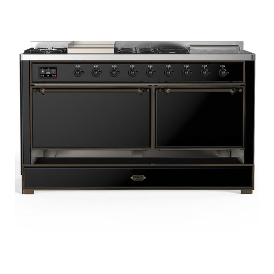 ILVE Majestic III 60" Glossy Black Dual Fuel Range with 7 Burners, Griddle and French Top Solid Door Natural Gas