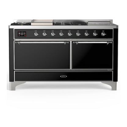 ILVE Majestic III 60" Glossy Black Dual Fuel Range with 7 Burners, Griddle and French Top Solid Door Liquid Propane