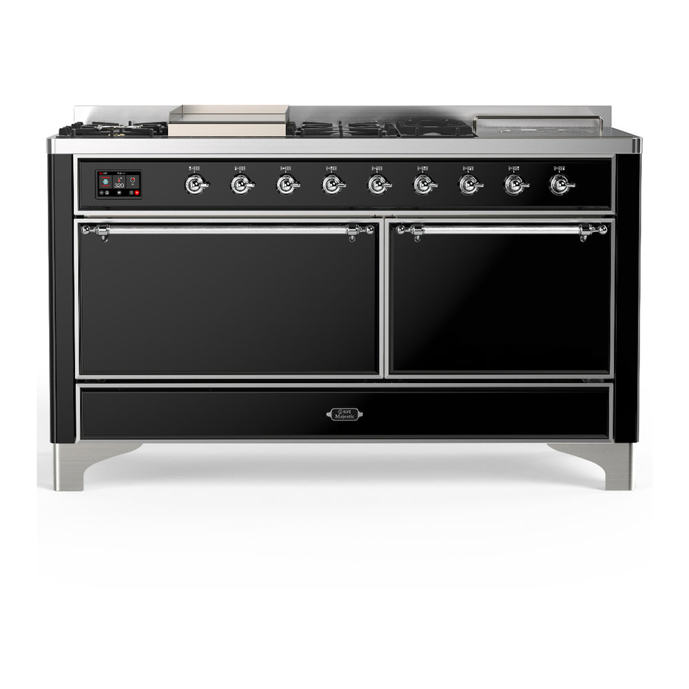 ILVE Majestic III 60" Glossy Black Dual Fuel Range with 7 Burners, Griddle and French Top Solid Door Natural Gas