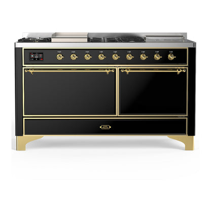 ILVE Majestic III 60" Glossy Black Dual Fuel Range with 7 Burners, Griddle and French Top Solid Door Liquid Propane